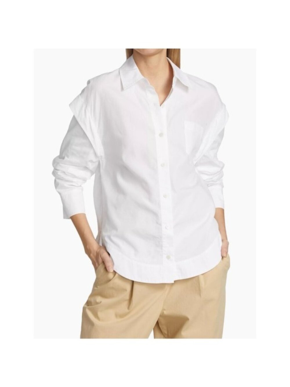 NWT Derek Lam 10 Crosby Marley Ruched Sleeve Button Down Shirt 2 White Poplin